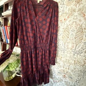 Michael Kors Red and Black Floral Long-Sleeve V-Neck Dress